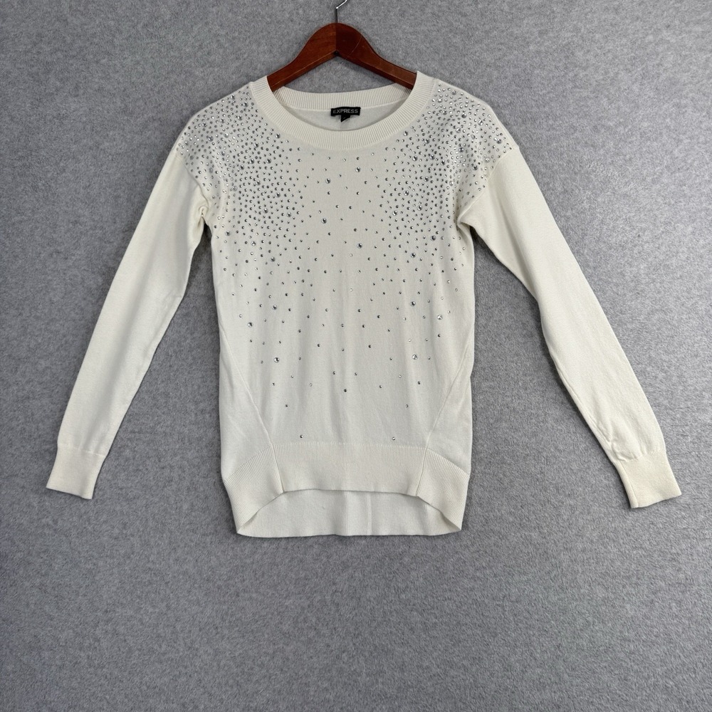 Express Ivory Rhinestone Embellished Sweater Womens XS Crewneck